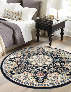 Navy Blue 10' x 10' Narenj Round Area Rug 85% Polypropylene & 15% Polyester Traditional Classic Carpet for Living, Dining, Bedrooms, Office for Sale at Rug Engine