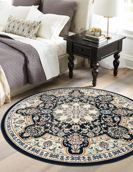 Navy Blue 5' 1 x 5' 1 Narenj Round Area Rug 85% Polypropylene & 15% Polyester Traditional Classic Carpet for Living, Dining, Bedrooms, Office for Sale at Rug Engine