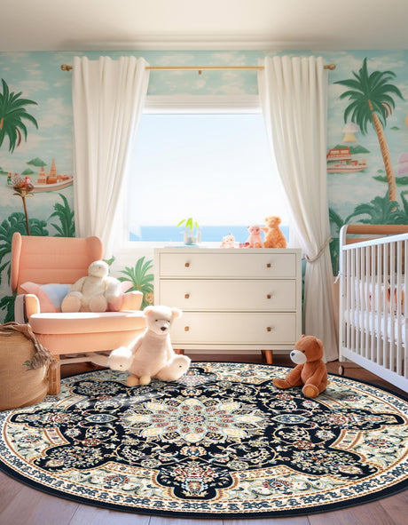 Navy Blue 5' 1 x 5' 1 Narenj Round Area Rug 85% Polypropylene & 15% Polyester Traditional Classic Carpet for Living, Dining, Bedrooms, Office for Sale at Rug Engine