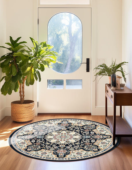 Navy Blue 5' 1 x 5' 1 Narenj Round Area Rug 85% Polypropylene & 15% Polyester Traditional Classic Carpet for Living, Dining, Bedrooms, Office for Sale at Rug Engine