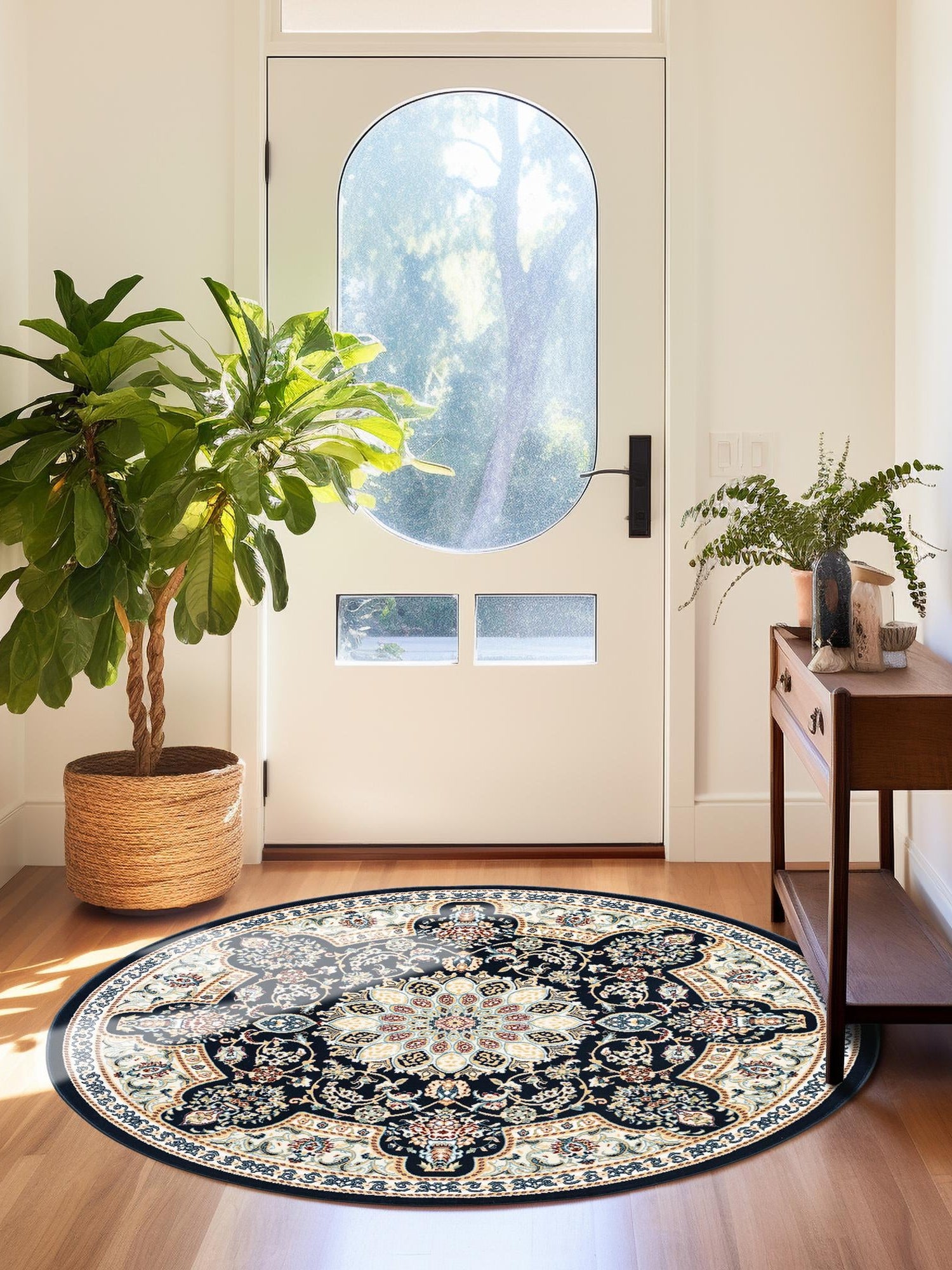 Navy Blue 10' x 10' Narenj Round Area Rug 85% Polypropylene & 15% Polyester Traditional Classic Carpet for Living, Dining, Bedrooms, Office for Sale at Rug Engine