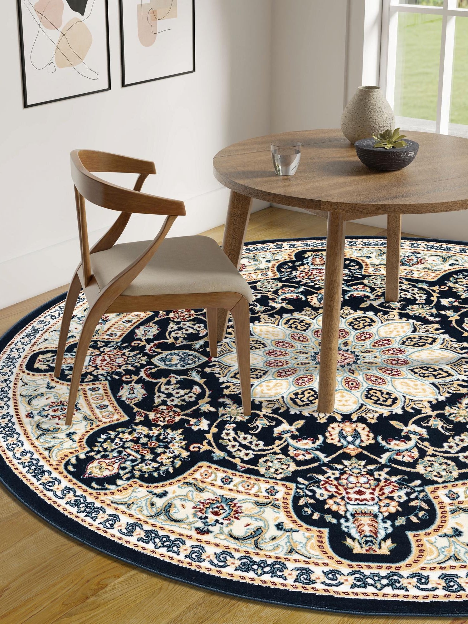 Navy Blue 10' x 10' Narenj Round Area Rug 85% Polypropylene & 15% Polyester Traditional Classic Carpet for Living, Dining, Bedrooms, Office for Sale at Rug Engine