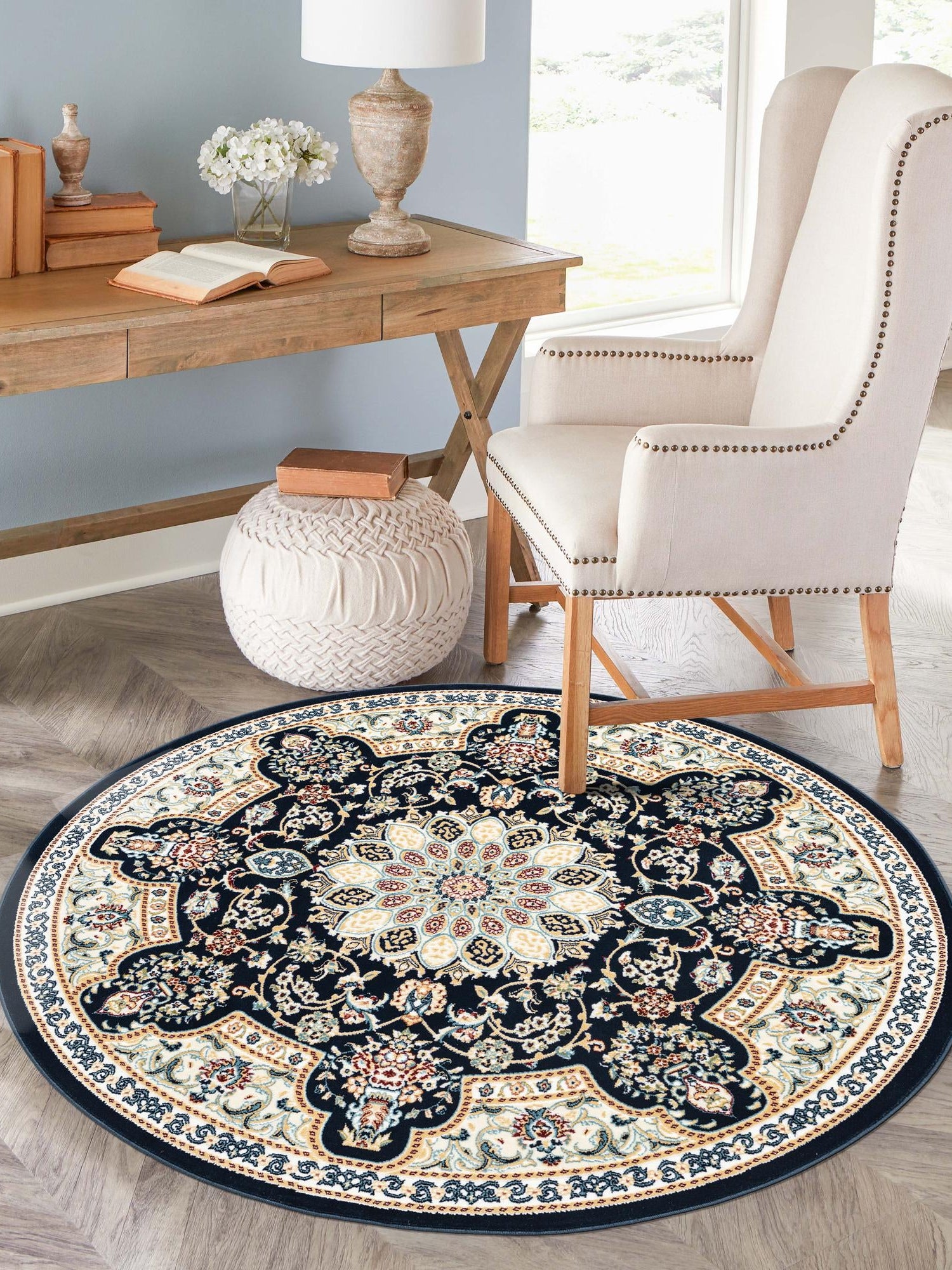 Navy Blue 10' x 10' Narenj Round Area Rug 85% Polypropylene & 15% Polyester Traditional Classic Carpet for Living, Dining, Bedrooms, Office for Sale at Rug Engine