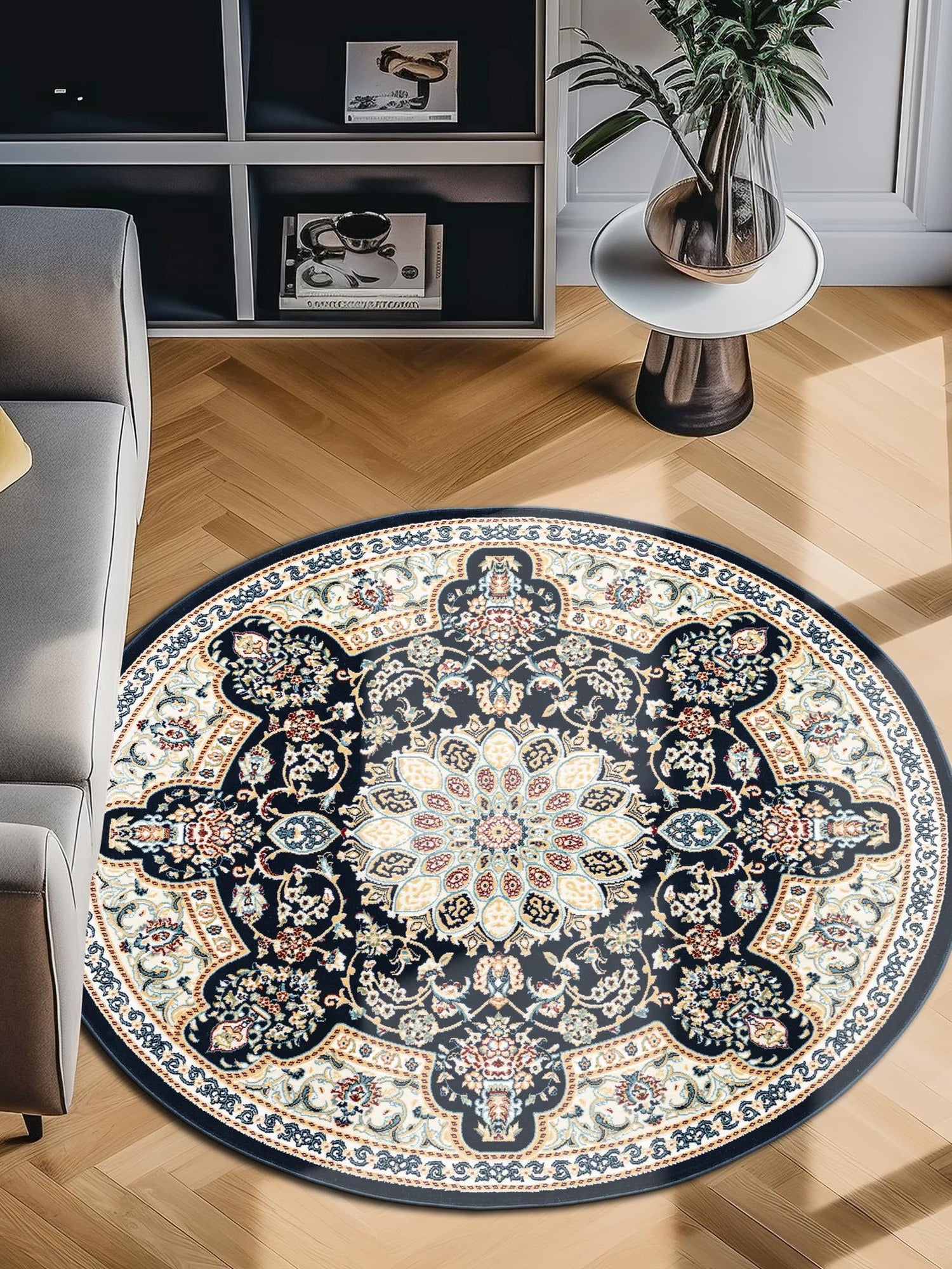 Navy Blue 10' x 10' Narenj Round Area Rug 85% Polypropylene & 15% Polyester Traditional Classic Carpet for Living, Dining, Bedrooms, Office for Sale at Rug Engine