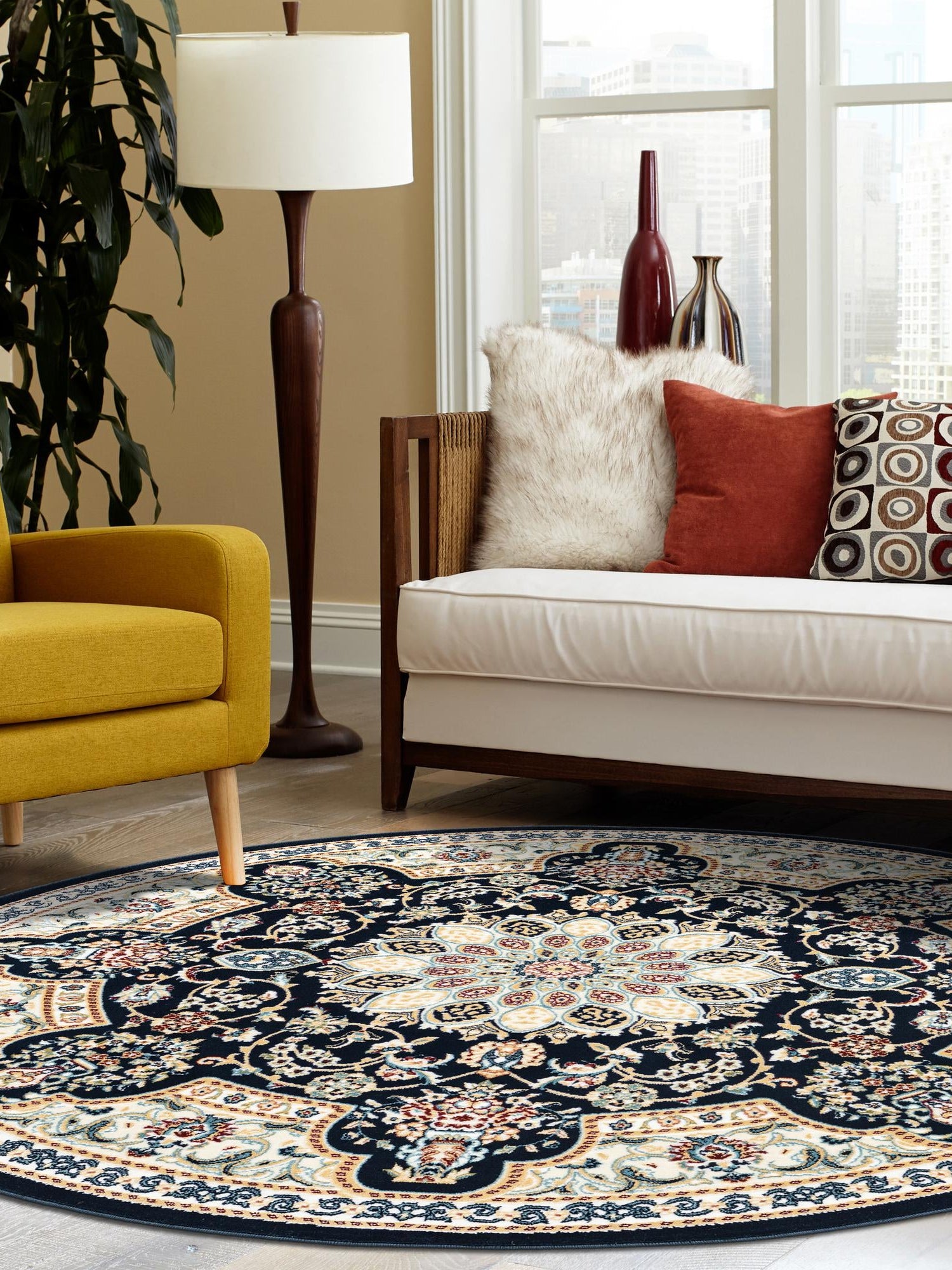 Navy Blue 10' x 10' Narenj Round Area Rug 85% Polypropylene & 15% Polyester Traditional Classic Carpet for Living, Dining, Bedrooms, Office for Sale at Rug Engine