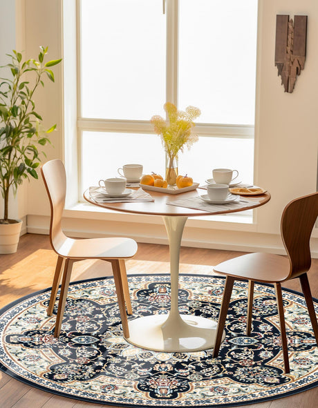 Navy Blue 5' 1 x 5' 1 Narenj Round Area Rug 85% Polypropylene & 15% Polyester Traditional Classic Carpet for Living, Dining, Bedrooms, Office for Sale at Rug Engine