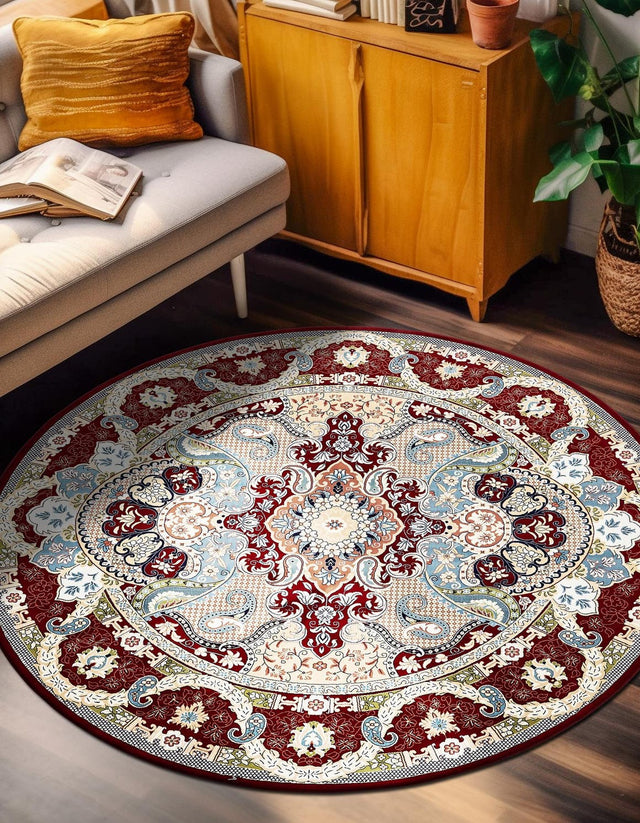 Burgundy 5' 3 x 5' 3 Narenj Round Area Rug 85% Polypropylene & 15% Polyester Traditional Classic Carpet for Living, Dining, Bedrooms, Office for Sale at Rug Engine