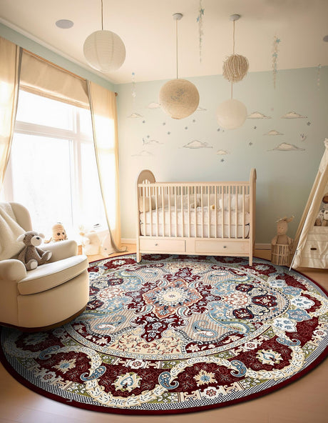 Burgundy 5' 3 x 5' 3 Narenj Round Area Rug 85% Polypropylene & 15% Polyester Traditional Classic Carpet for Living, Dining, Bedrooms, Office for Sale at Rug Engine