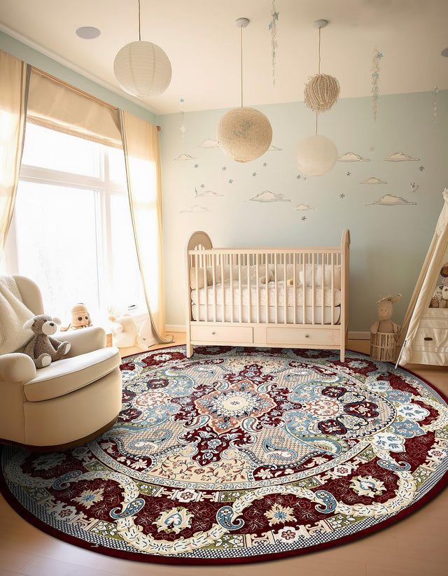 Burgundy 5' 3 x 5' 3 Narenj Round Area Rug 85% Polypropylene & 15% Polyester Traditional Classic Carpet for Living, Dining, Bedrooms, Office for Sale at Rug Engine