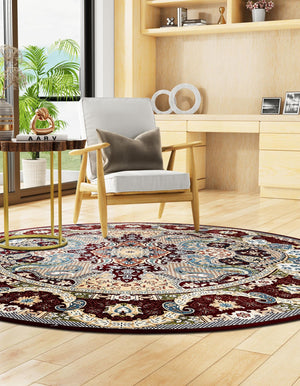 Burgundy 5' 3 x 5' 3 Narenj Round Area Rug 85% Polypropylene & 15% Polyester Traditional Classic Carpet for Living, Dining, Bedrooms, Office for Sale at Rug Engine