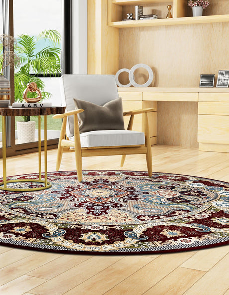 Burgundy 5' 3 x 5' 3 Narenj Round Area Rug 85% Polypropylene & 15% Polyester Traditional Classic Carpet for Living, Dining, Bedrooms, Office for Sale at Rug Engine