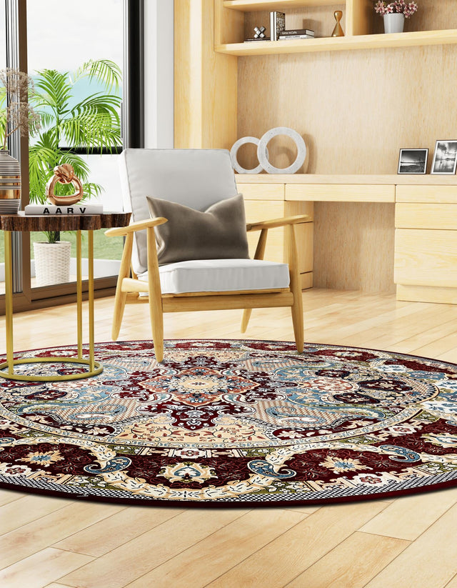 Burgundy 5' 3 x 5' 3 Narenj Round Area Rug 85% Polypropylene & 15% Polyester Traditional Classic Carpet for Living, Dining, Bedrooms, Office for Sale at Rug Engine
