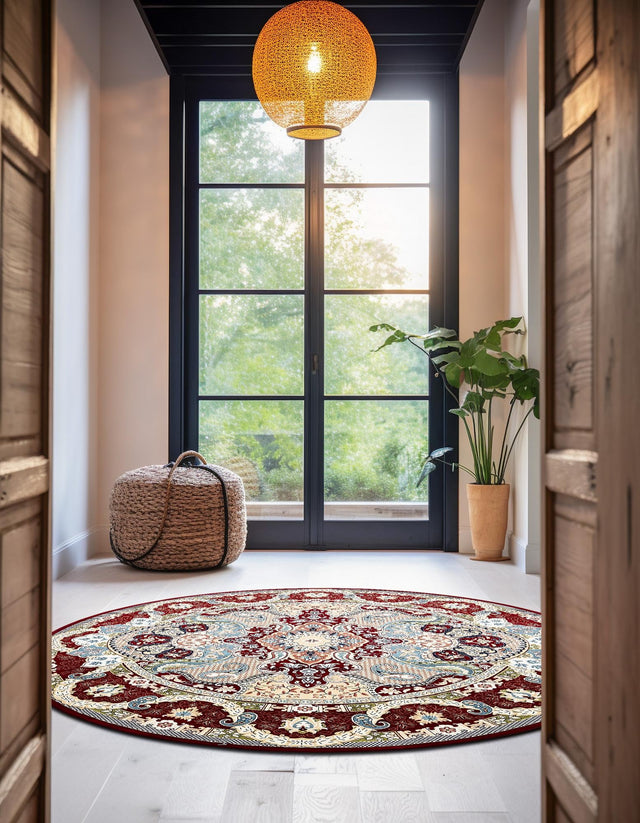 Burgundy 5' 3 x 5' 3 Narenj Round Area Rug 85% Polypropylene & 15% Polyester Traditional Classic Carpet for Living, Dining, Bedrooms, Office for Sale at Rug Engine