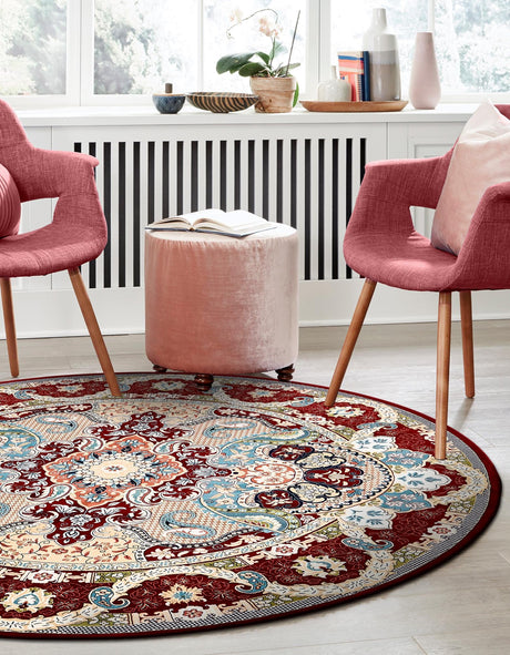 Burgundy 5' 3 x 5' 3 Narenj Round Area Rug 85% Polypropylene & 15% Polyester Traditional Classic Carpet for Living, Dining, Bedrooms, Office for Sale at Rug Engine