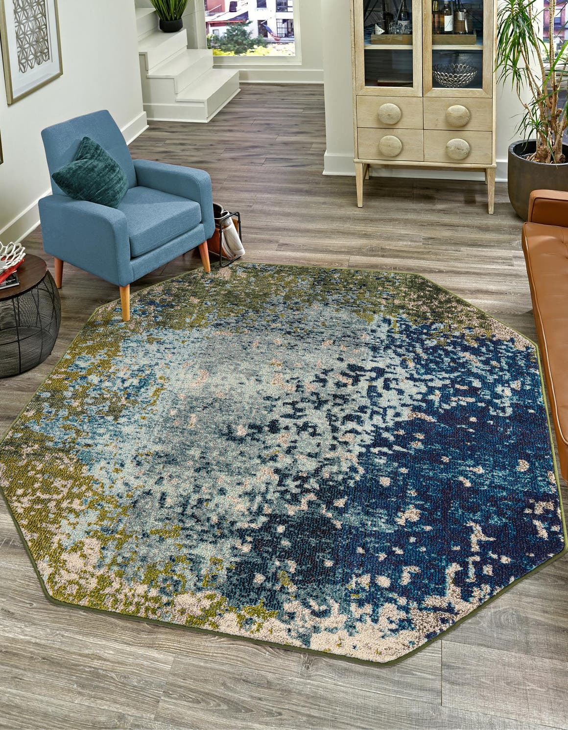 Blue 8' x 8' Estrella Octagon Area Rug 100% Polypropylene Non-Shedding Stain Resistant Carpet Colorful Modern Abstract Design Easy Clean for Home Decor for Sale at Rug Engine