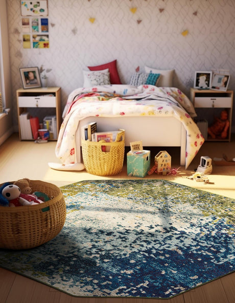 Blue 6' x 6' 1 Estrella Octagon Area Rug 100% Polypropylene Non-Shedding Stain Resistant Carpet Colorful Modern Abstract Design Easy Clean for Home Decor for Sale at Rug Engine