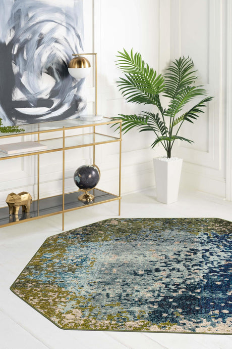 Blue 5' x 5' Estrella Octagon Area Rug 100% Polypropylene Non-Shedding Stain Resistant Carpet Colorful Modern Abstract Design Easy Clean for Home Decor for Sale at Rug Engine