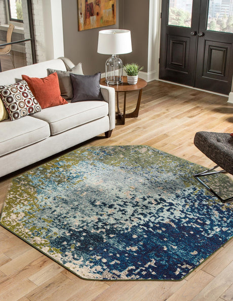 Blue 5' x 5' Estrella Octagon Area Rug 100% Polypropylene Non-Shedding Stain Resistant Carpet Colorful Modern Abstract Design Easy Clean for Home Decor for Sale at Rug Engine