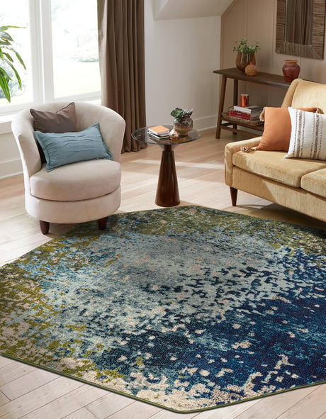 Blue 5' x 5' Estrella Octagon Area Rug 100% Polypropylene Non-Shedding Stain Resistant Carpet Colorful Modern Abstract Design Easy Clean for Home Decor for Sale at Rug Engine