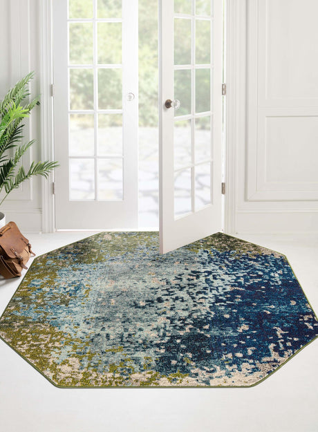 Blue 5' x 5' Estrella Octagon Area Rug 100% Polypropylene Non-Shedding Stain Resistant Carpet Colorful Modern Abstract Design Easy Clean for Home Decor for Sale at Rug Engine