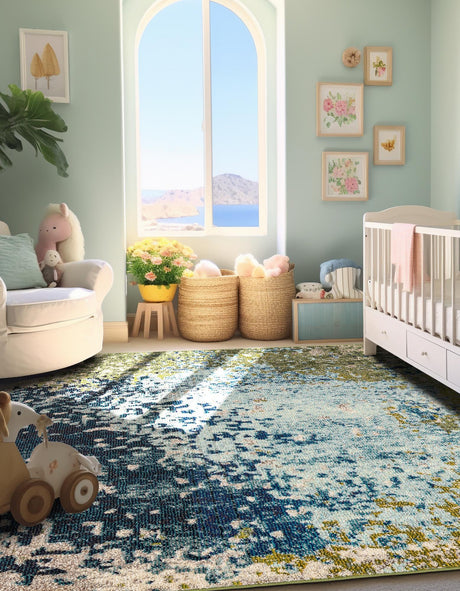 Blue 5' x 5' Estrella Square Area Rug 100% Polypropylene Non-Shedding Stain Resistant Carpet Colorful Modern Abstract Design Easy Clean for Home Decor for Sale at Rug Engine