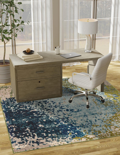 Blue 4' x 4' Estrella Square Area Rug 100% Polypropylene Non-Shedding Stain Resistant Carpet Colorful Modern Abstract Design Easy Clean for Home Decor for Sale at Rug Engine