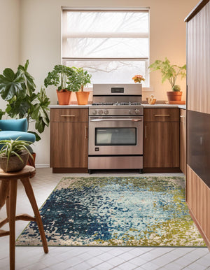 Blue 4' x 4' Estrella Square Area Rug 100% Polypropylene Non-Shedding Stain Resistant Carpet Colorful Modern Abstract Design Easy Clean for Home Decor for Sale at Rug Engine