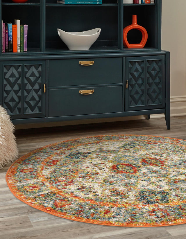 Multicolor 3' 3 x 3' 3 Rosso Round Area Rug Vintage Distressed Faded Traditional Design Carpet for Unique Home Interior Design for Sale at Rug Engine