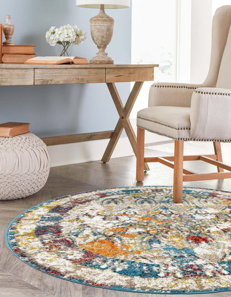Multicolor 4' 1 x 4' 1 Rosso Round Area Rug Vintage Distressed Faded Traditional Design Carpet for Unique Home Interior Design for Sale at Rug Engine