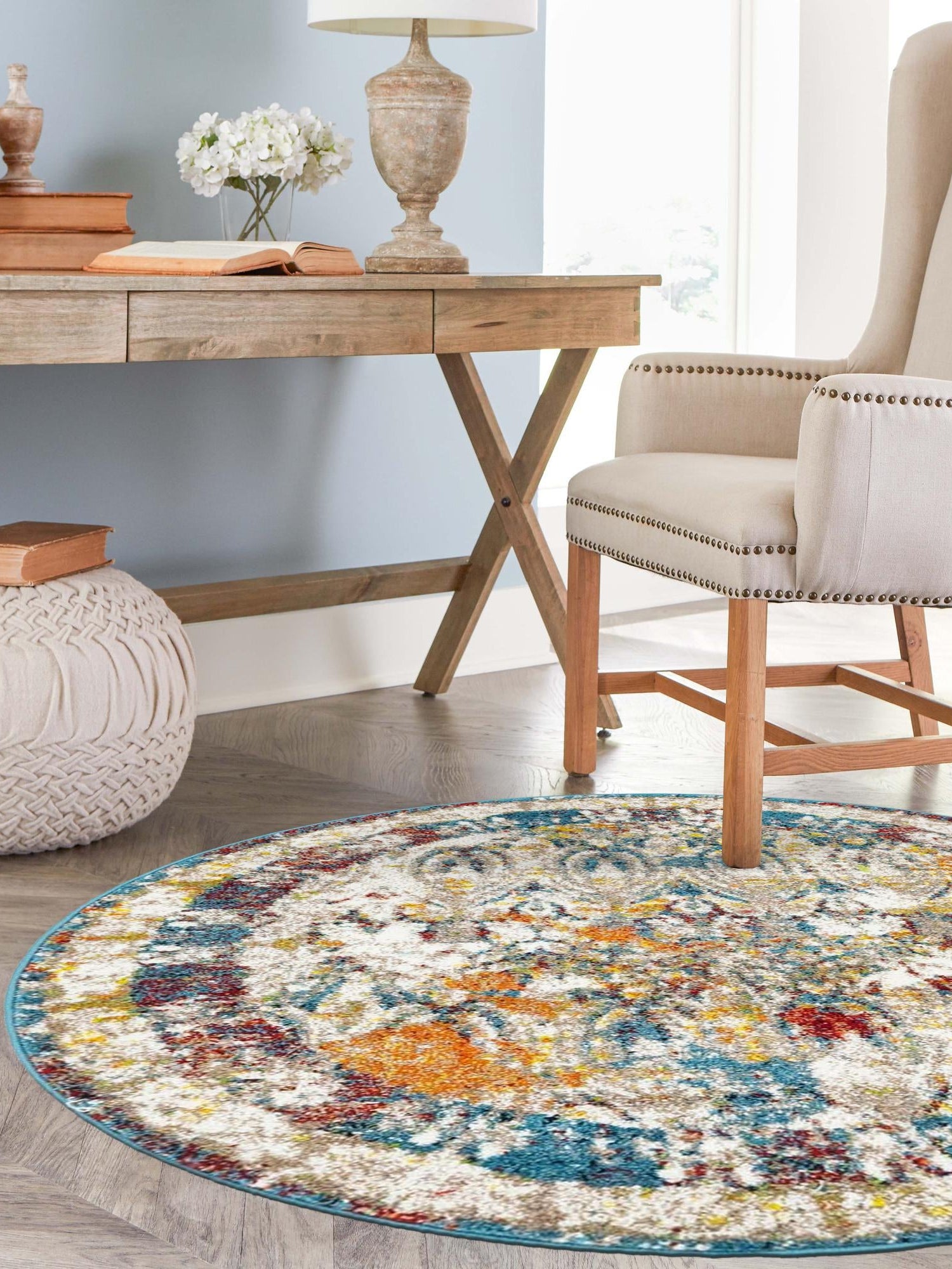 Multicolor 3' 3 x 3' 3 Rosso Round Area Rug Vintage Distressed Faded Traditional Design Carpet for Unique Home Interior Design for Sale at Rug Engine