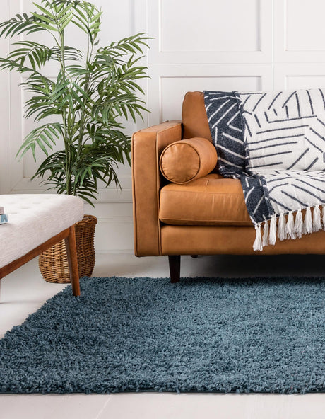 Marine Blue 4' 1 x 6' 1 Davos Shag Rectangle Area Rug Thick Soft Touch Fluffy & Plush Shaggy Pile 100% Polypropylene Carpet for Living Dining Bedrooms Office for Sale at Rug Engine