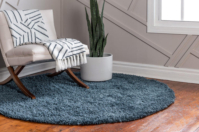 Marine Blue 7' 10 x 7' 10 Davos Shag Round Area Rug Thick Soft Touch Fluffy & Plush Shaggy Pile 100% Polypropylene Carpet for Living Dining Bedrooms Office for Sale at Rug Engine