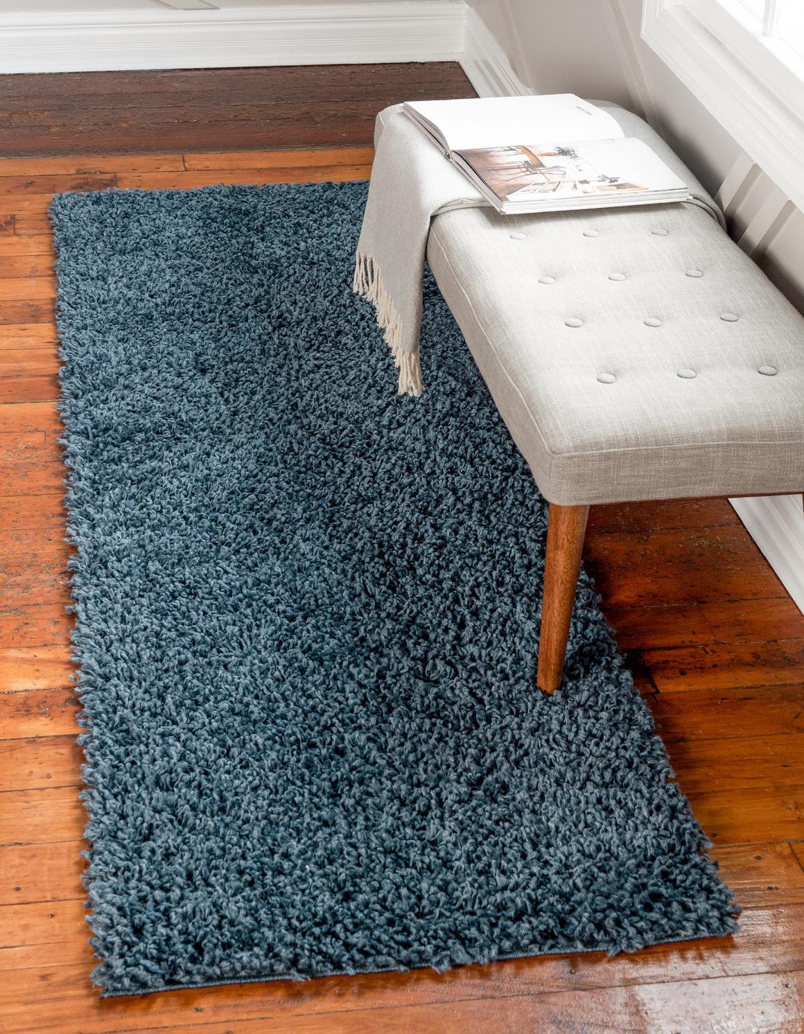 Marine Blue 2' x 8' Davos Shag Runner Area Rug Thick Soft Touch Fluffy & Plush Shaggy Pile 100% Polypropylene Carpet for Living Dining Bedrooms Office for Sale at Rug Engine