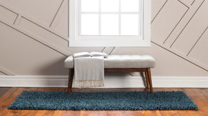 Marine Blue 2' 7 x 13' 1 Davos Shag Runner Area Rug Thick Soft Touch Fluffy & Plush Shaggy Pile 100% Polypropylene Carpet for Living Dining Bedrooms Office for Sale at Rug Engine