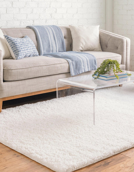 White 6' 1 x 9' Davos Shag Rectangle Area Rug Thick Soft Touch Fluffy & Plush Shaggy Pile 100% Polypropylene Carpet for Living Dining Bedrooms Office for Sale at Rug Engine