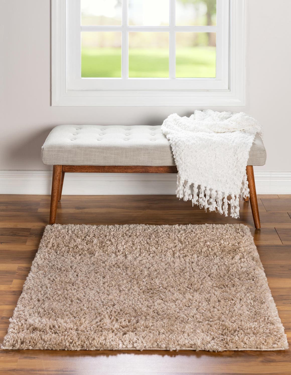 Linen 7' 1 x 7' 1 Davos Shag Square Area Rug Thick Soft Touch Fluffy & Plush Shaggy Pile 100% Polypropylene Carpet for Living Dining Bedrooms Office for Sale at Rug Engine