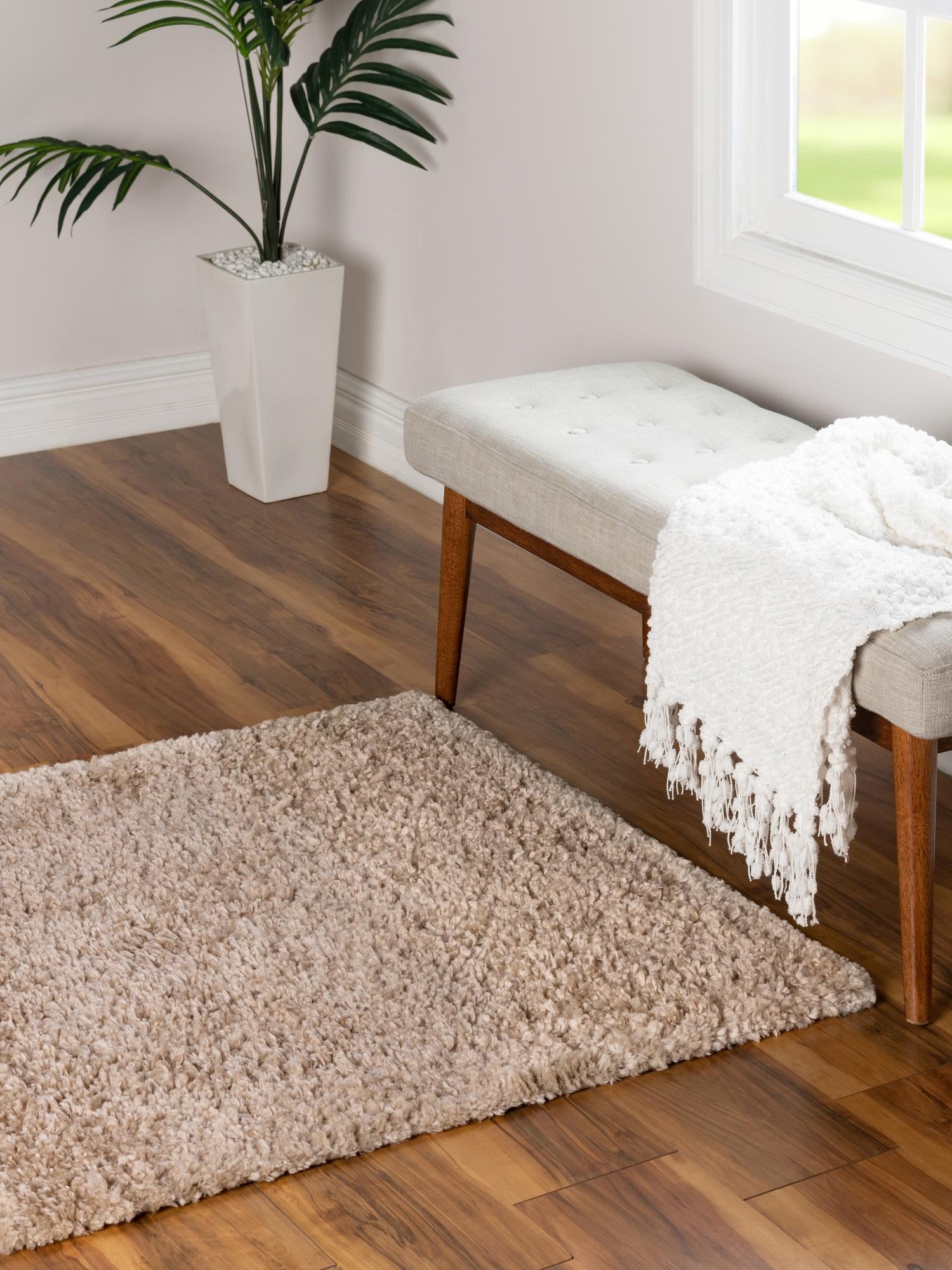 Linen 7' 1 x 7' 1 Davos Shag Square Area Rug Thick Soft Touch Fluffy & Plush Shaggy Pile 100% Polypropylene Carpet for Living Dining Bedrooms Office for Sale at Rug Engine