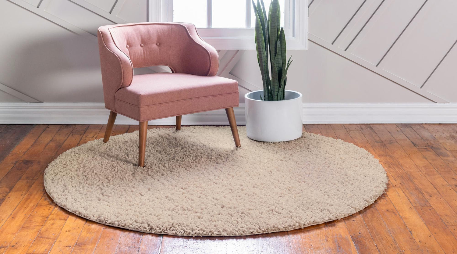 Linen 7' 1 x 7' 1 Davos Shag Round Area Rug Thick Soft Touch Fluffy & Plush Shaggy Pile 100% Polypropylene Carpet for Living Dining Bedrooms Office for Sale at Rug Engine