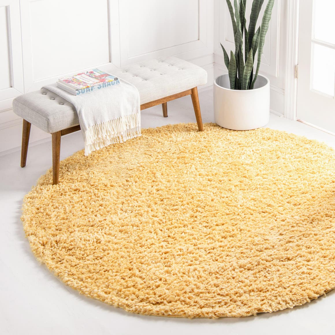 Sun Yellow 2' x 2' Davos Shag Round Area Rug Thick Soft Touch Fluffy & Plush Shaggy Pile 100% Polypropylene Carpet for Living Dining Bedrooms Office for Sale at Rug Engine