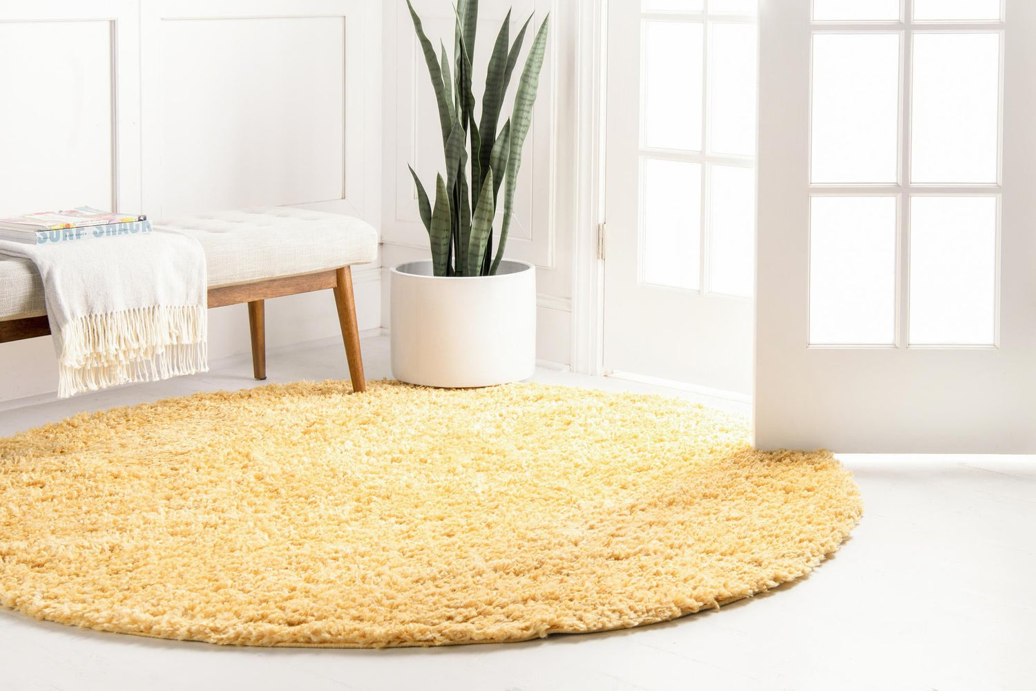 Sun Yellow 2' x 2' Davos Shag Round Area Rug Thick Soft Touch Fluffy & Plush Shaggy Pile 100% Polypropylene Carpet for Living Dining Bedrooms Office for Sale at Rug Engine