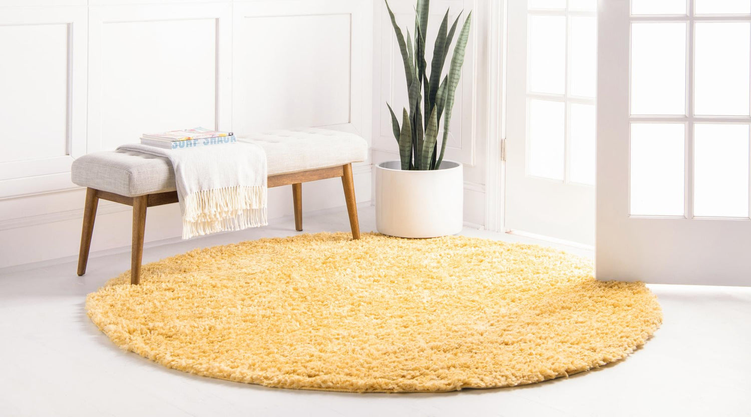 Sun Yellow 7' 10 x 7' 10 Davos Shag Round Area Rug Thick Soft Touch Fluffy & Plush Shaggy Pile 100% Polypropylene Carpet for Living Dining Bedrooms Office for Sale at Rug Engine