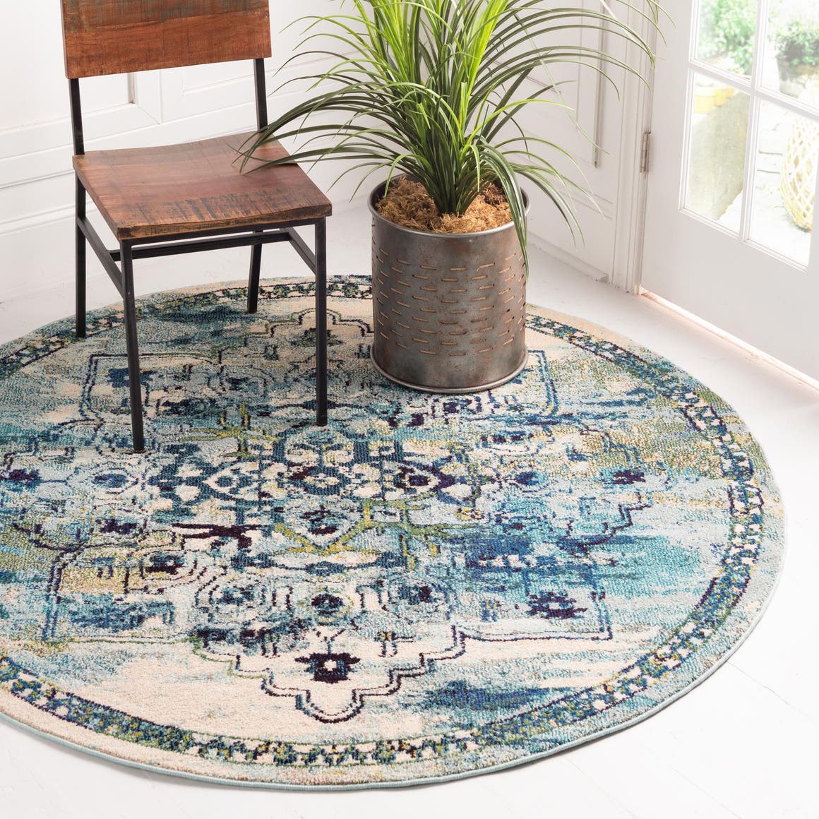 Blue 3' 3 x 3' 3 Medici Round Area Rug 100% Polypropylene Traditional Vintage Classic Carpet for Home Interior Design Decor for Sale at Rug Engine