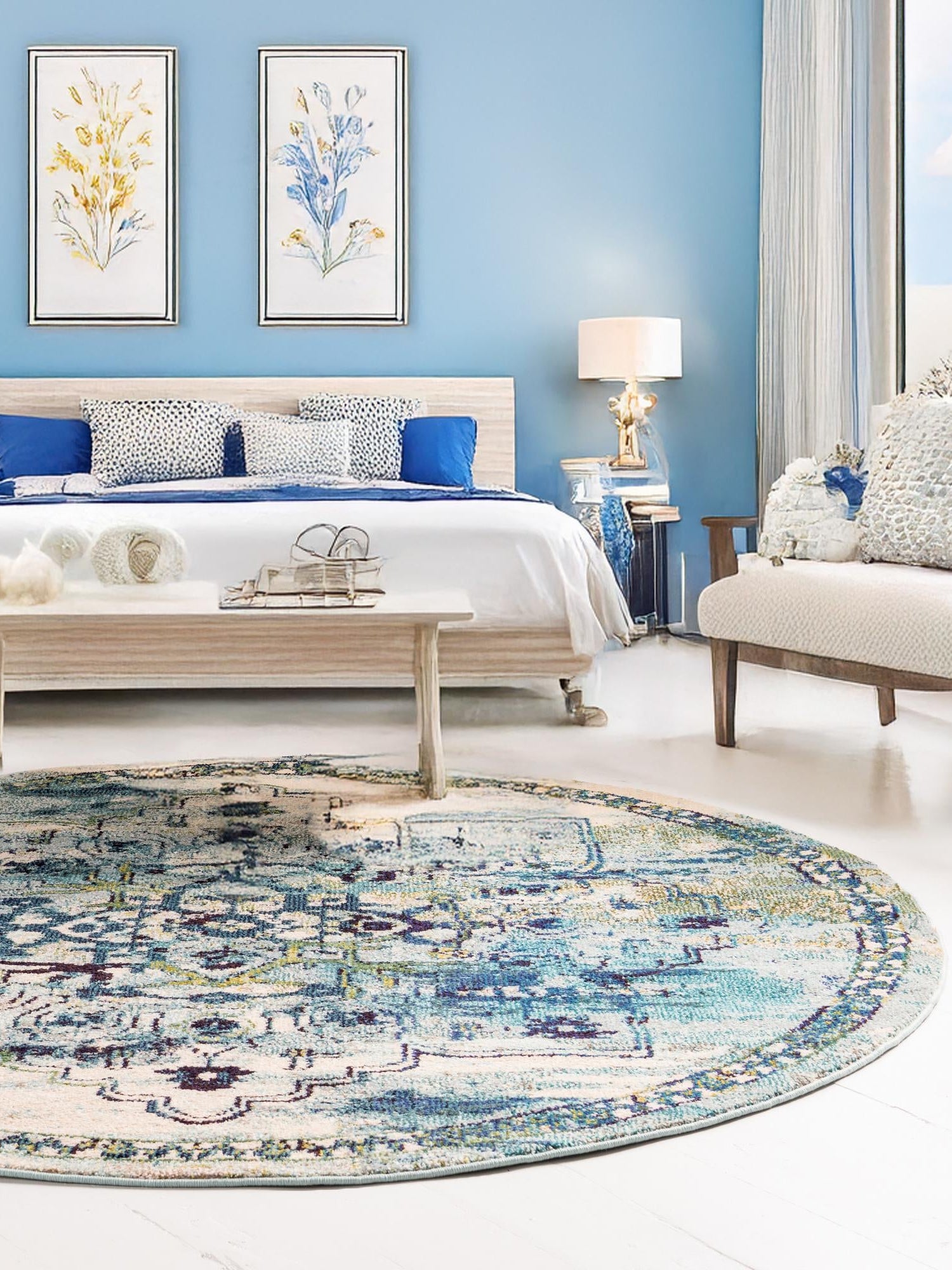 Blue 3' 3 x 3' 3 Medici Round Area Rug 100% Polypropylene Traditional Vintage Classic Carpet for Home Interior Design Decor for Sale at Rug Engine