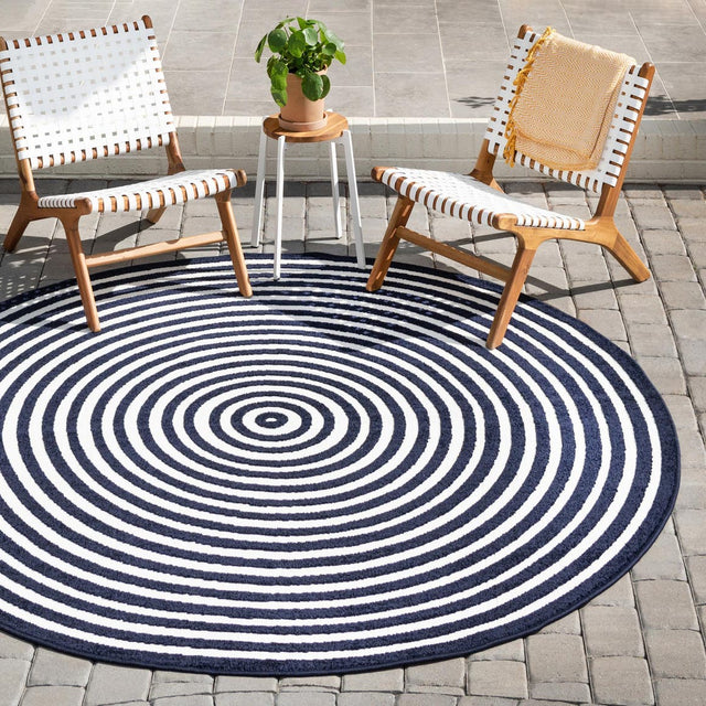 Navy Blue 8' x 8' Sabrina Soto Outdoor Round Area Rug Weather Resistant for Patio, Deck, Terrace, Balcony, Porch Durable Carpet for Exterior Home Design for Sale at Rug Engine