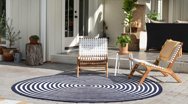 Navy Blue 8' x 8' Sabrina Soto Outdoor Round Area Rug Weather Resistant for Patio, Deck, Terrace, Balcony, Porch Durable Carpet for Exterior Home Design for Sale at Rug Engine