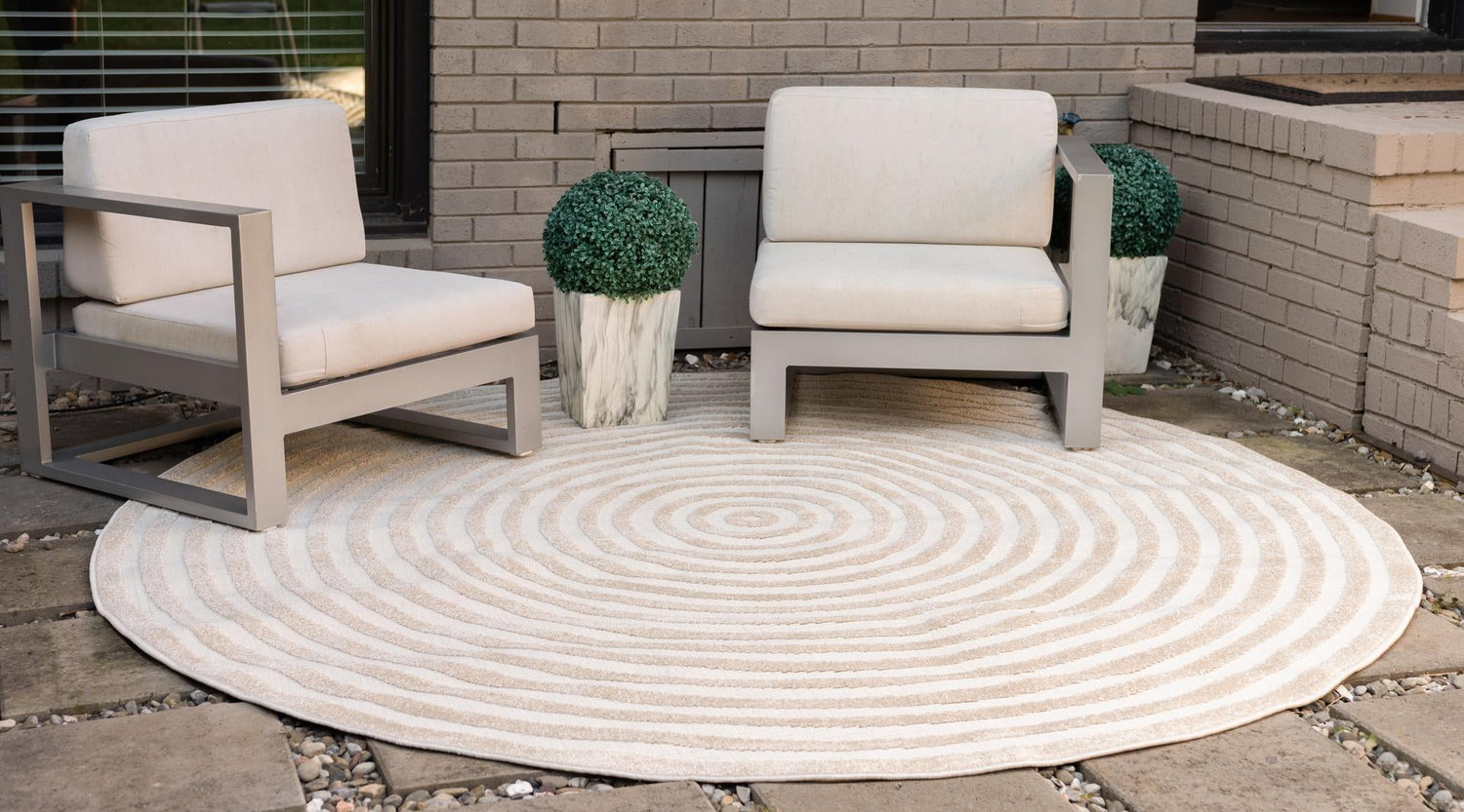 Beige 10' x 10' Sabrina Soto Outdoor Round Area Rug Weather Resistant for Patio, Deck, Terrace, Balcony, Porch Durable Carpet for Exterior Home Design for Sale at Rug Engine