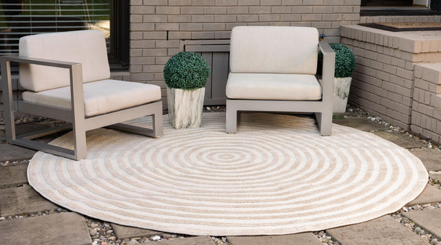 Beige 10' x 10' Sabrina Soto Outdoor Round Area Rug Weather Resistant for Patio, Deck, Terrace, Balcony, Porch Durable Carpet for Exterior Home Design for Sale at Rug Engine