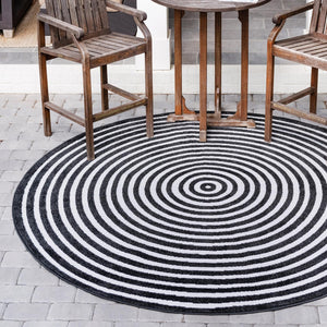 Black 8' x 8' Sabrina Soto Outdoor Round Area Rug Weather Resistant for Patio, Deck, Terrace, Balcony, Porch Durable Carpet for Exterior Home Design for Sale at Rug Engine