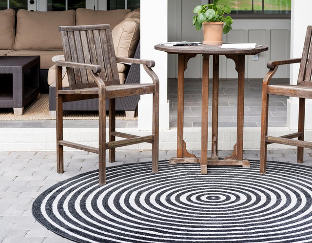 Black 8' x 8' Sabrina Soto Outdoor Round Area Rug Weather Resistant for Patio, Deck, Terrace, Balcony, Porch Durable Carpet for Exterior Home Design for Sale at Rug Engine