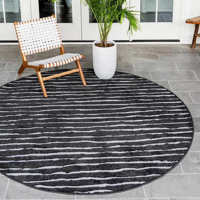 Black 8' x 8' Sabrina Soto Outdoor Round Area Rug Weather Resistant for Patio, Deck, Terrace, Balcony, Porch Durable Carpet for Exterior Home Design for Sale at Rug Engine